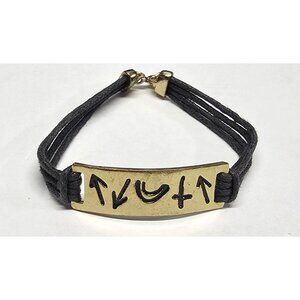 Vtg Black Cord Goldtone Bracelet‎ Engraved Enamel Plate Paleo Hebrew Name of God